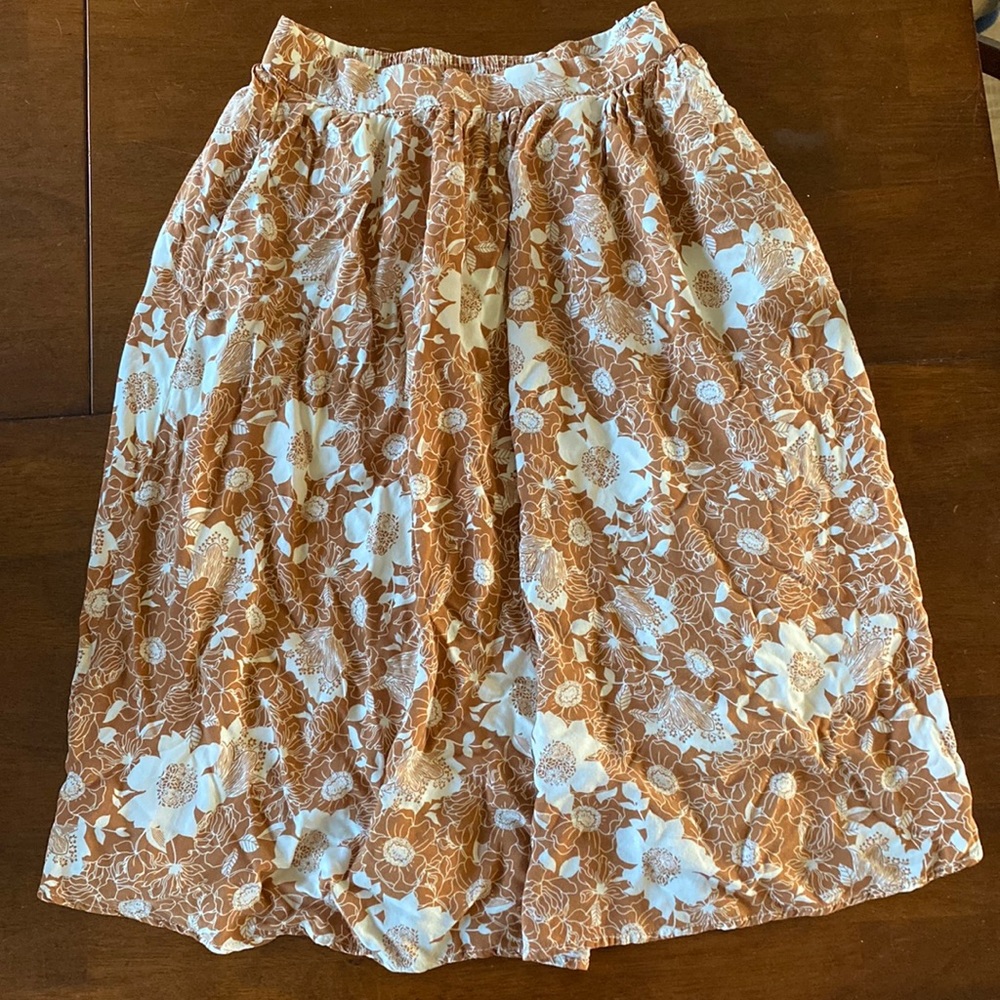Brown/white flowers pattern Midi skirt